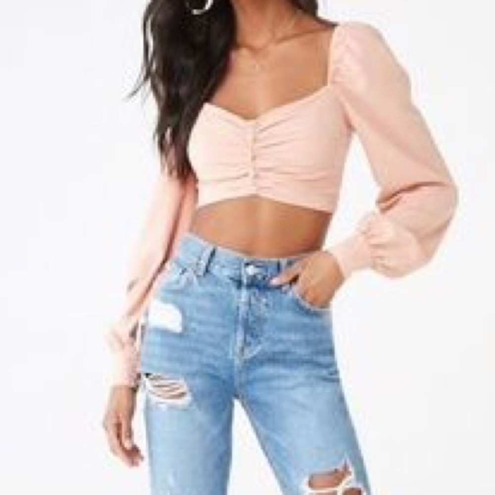 Blush Ruched Puff Sleeve Crop Top